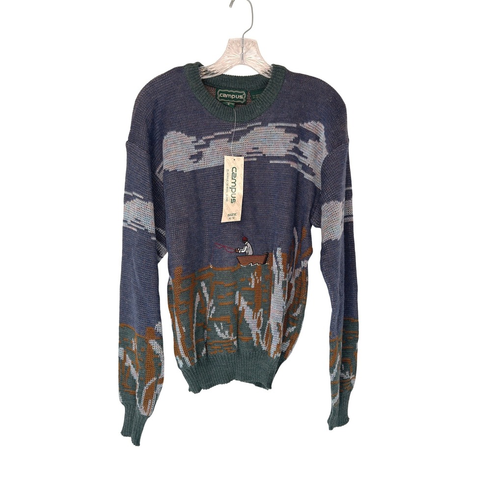 Men's Sweater Knit Fishing Fisherman Grandpacore Embroidered Crewneck Medium